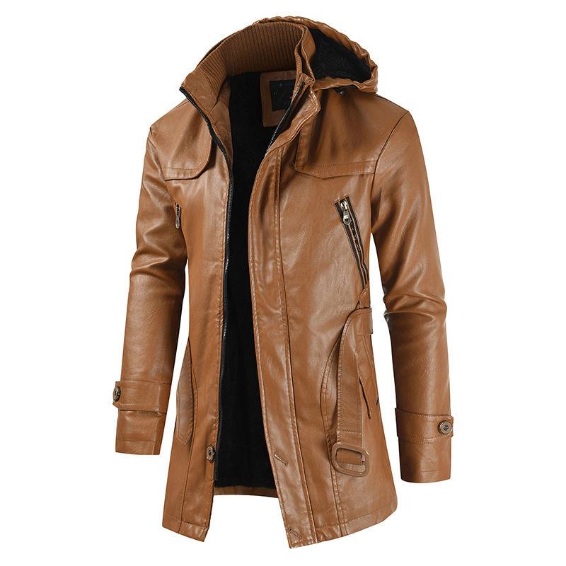 Men's Casual Fashion Mid-length PU Leather Hooded Slim Youth Motorcycle Leather Jacket