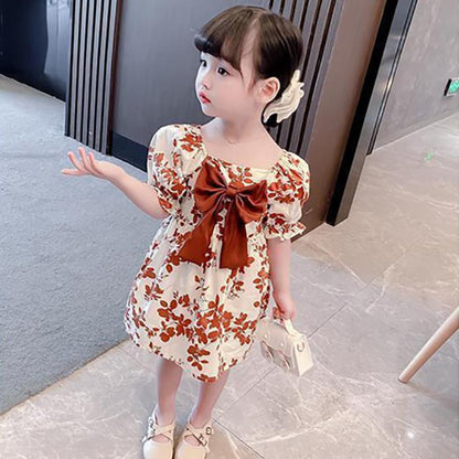 Children Dress Spring Summer Girls' Bow Chiffon Dress Floral Skirt Short Sleeve Girdle Princess Skirt A-line Dress