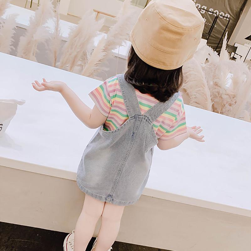 2PCS Children Clothing Set Spring Summer Girls Suits Printing Short Sleeve Stripe Tops + Suspender Skirt Clothing Set