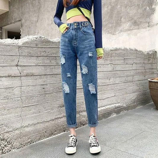 Women Spring Summer Cropped Pants Loose Vintage High Waist Straight Streetwear Denim Ripped Jeans