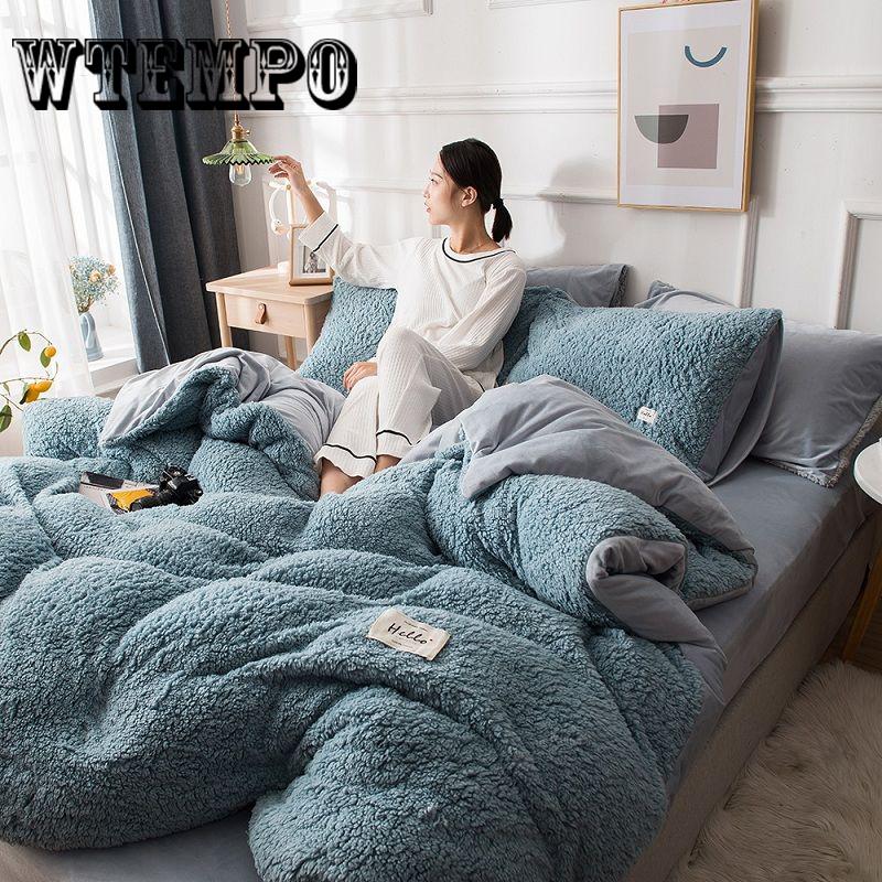 4pcs Home Textile Solid Snow Lambs Wool Duvet Cover Bedspread Bedclothes Bed Linen Bedding Set