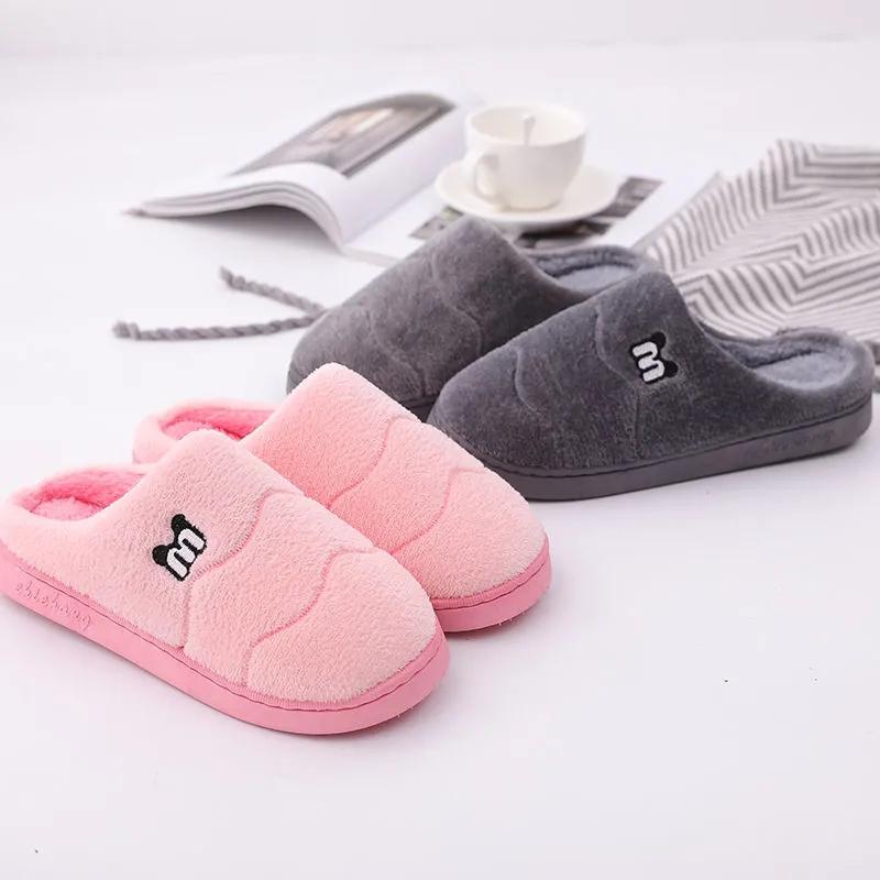 Winter Slippers Women Warm Cotton Shoes Thick Fleece Home Slides Men Plus Size Slippers Pink Blue Couples Non Slippers