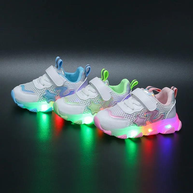 Summer Boys' Luminous Sneakers Children's Breathable Running Shoes Girls' Hollow Student Shoes