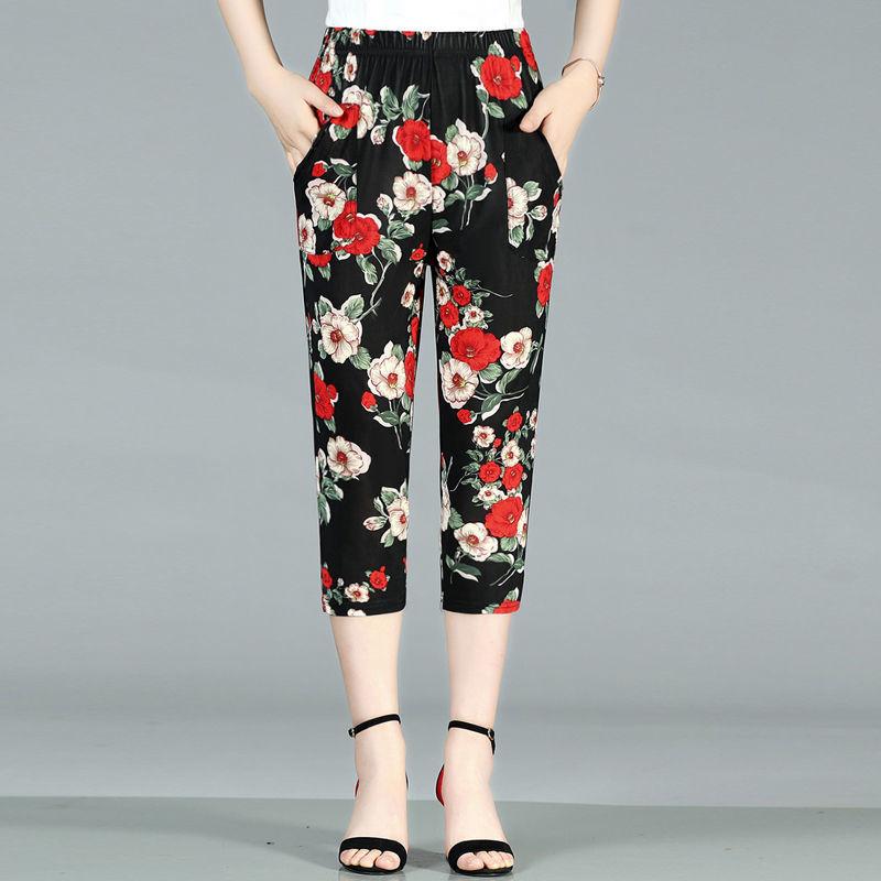 Cropped Pants Summer Thin Section Middle-aged and Elderly Women's Pants Large Size High Waist Casual Pants Straight Flower Pants