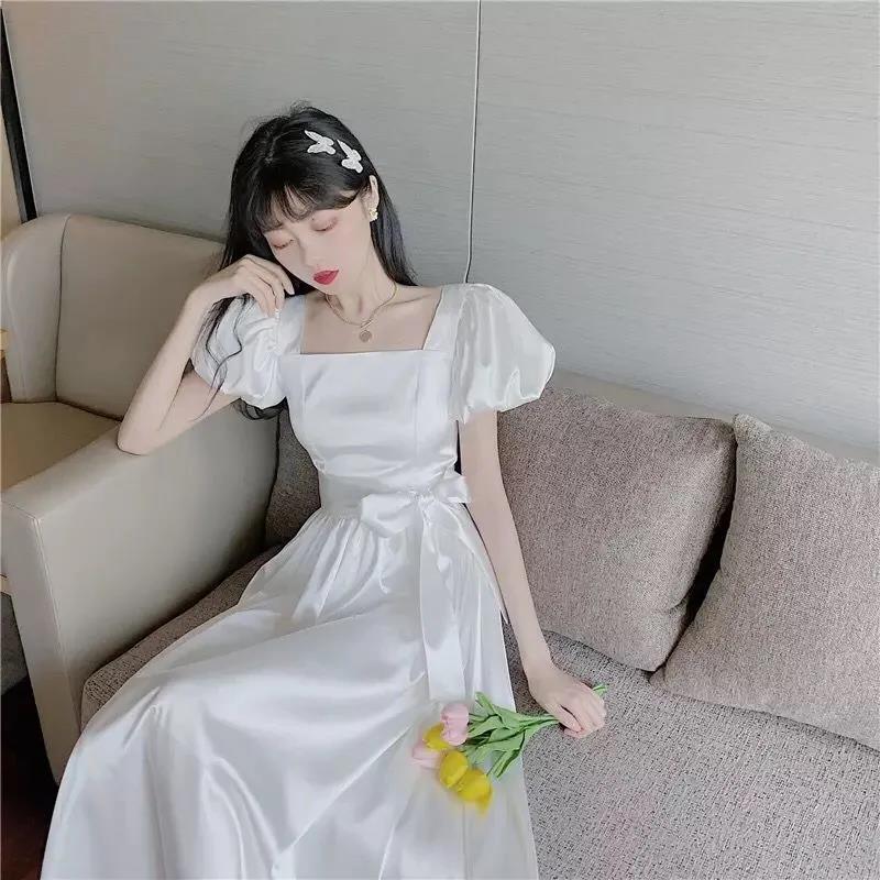 Female Vintage High Waist Super Fairy Holiday Dress Elegant Slim White Pleated Party Dress