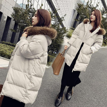 Women's Fashion Down Cotton Padded Jacket Long Style Over The Knee Thickened Warm Women's Parka Coat Hooded Fur Collar Coat