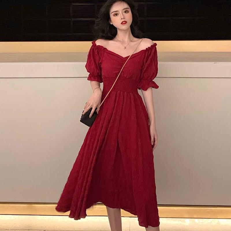 Puff Sleeve Women Maxi Dresses Sexy Off Shoulder A-Line Long Boho Summer Dress Elastic Waist Dress