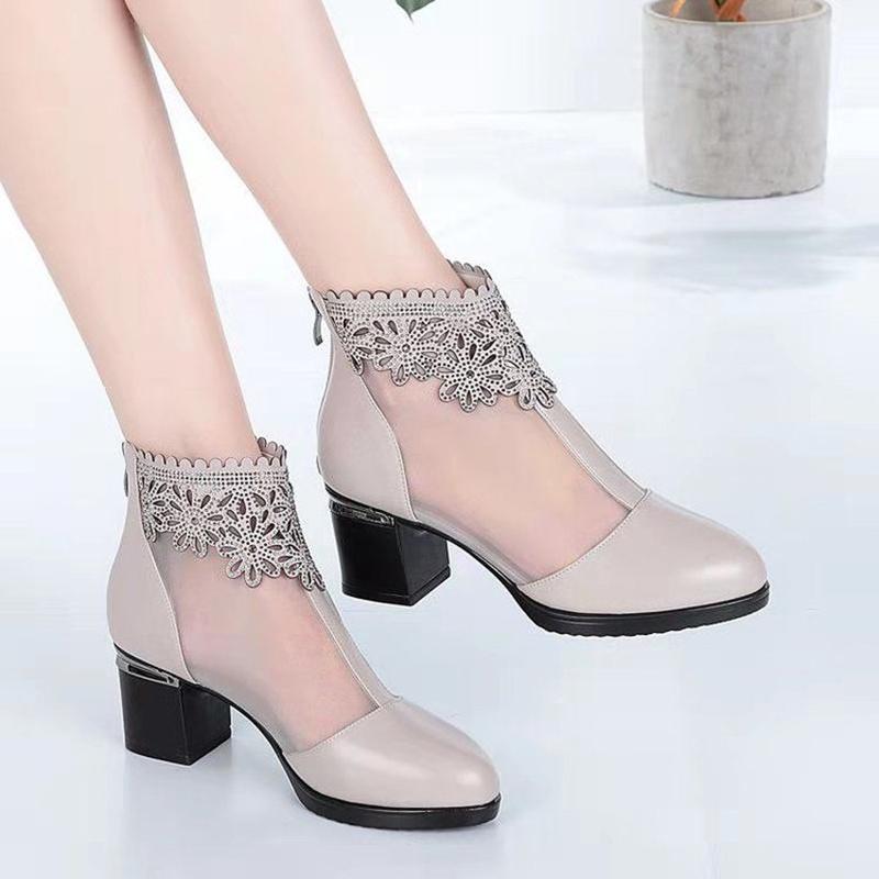 Net Boots Women's Thick-heeled High-heeled Women's Shoes Spring and Summer Sandals Hollow High-heeled Breathable Mesh Sandals Women