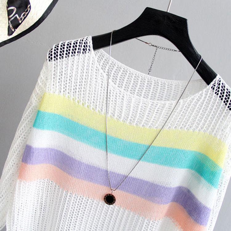 Striped Pullover Sweater Spring Korean Version Hollow Blouse Female Contrast Color Loose Five-point Sleeve Bottoming Shirt Breathable Cool Top