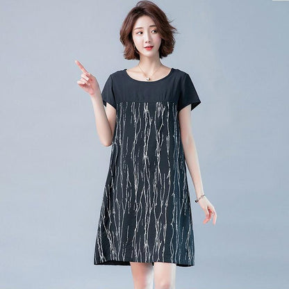 Summer Plus Size Mother Dress Stitching A-line Cotton and Linen DRESS Mid-length Dress