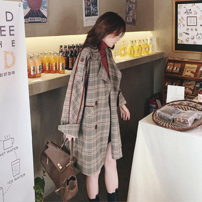 Women's Mid-length Retro Plaid Trench Coat Small Fashion Loose British Style Coat Jacket