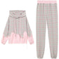 2pcs/set Women Sweatshirt Set Drawstring Plaid Sweatshirt Hoodies+Pants 2 Piece Set Women's Sports Suit Female Sportwear Hoodies Suit