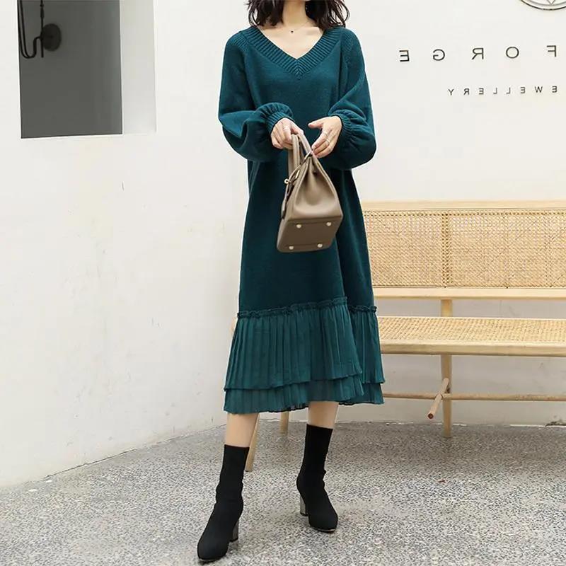 Knit Dress Female Autumn and Winter Long-sleeved Temperament V-neck Loose Long Slim Simple Sweater Skirt Bottoming Inner Wear