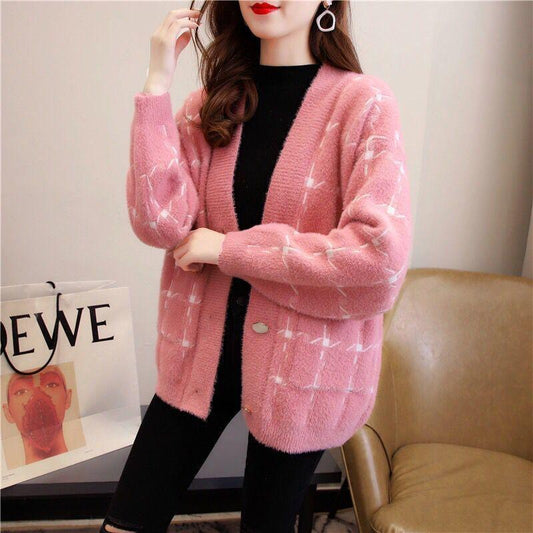 Autumn and Winter Mohair Cardigan Jacket Wild Loose V-neck Shirt Button Fashion Women's Top