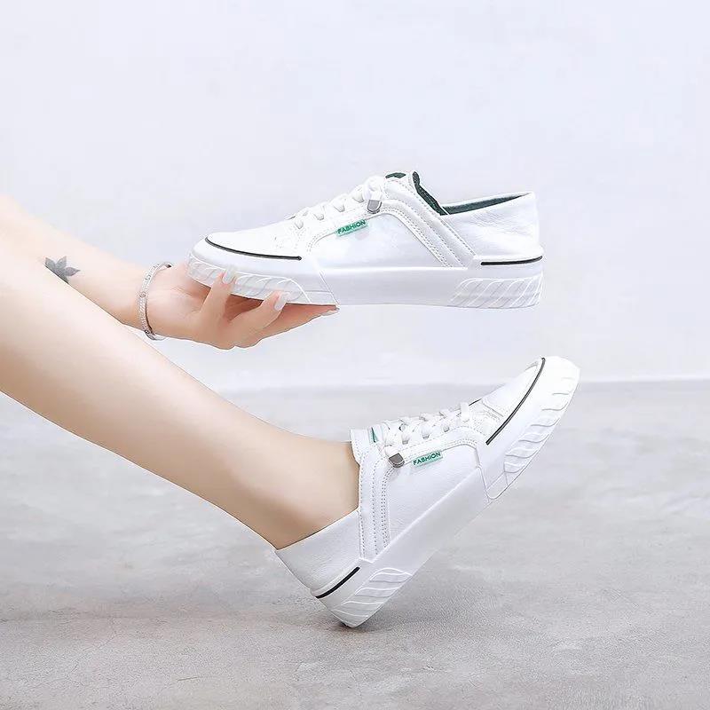 Soft Leather Two-wear White Shoes Women's Spring and Summer Flat Casual Lazy Shoes and Pedal Shoes