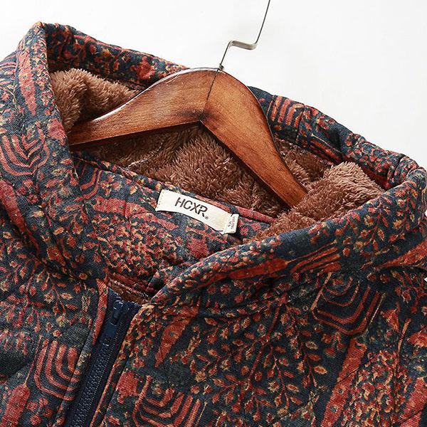 Vintage Printed Hooded Cotton-padded Jacket Women's Short Loose Thick Plus Velvet Padded Jacket Cardigan Parka Jacket Winter