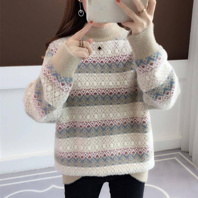 2019 Winter Fashion Thickened Warm Turtleneck Mohair Female Sweater Lantern Sleeve Casual Pullover