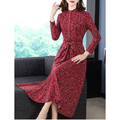 Slim fit long skirt floral skirt knitted dress women autumn and winter stand collar long sleeves