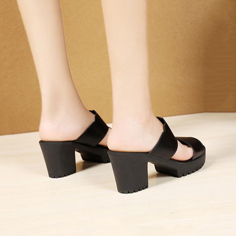 High Heel Soft Bottom Sandals and Slippers Women Thick Heel Soft Leather Summer Outer Wear Thick Bottom Non-slip Large Size Slippers