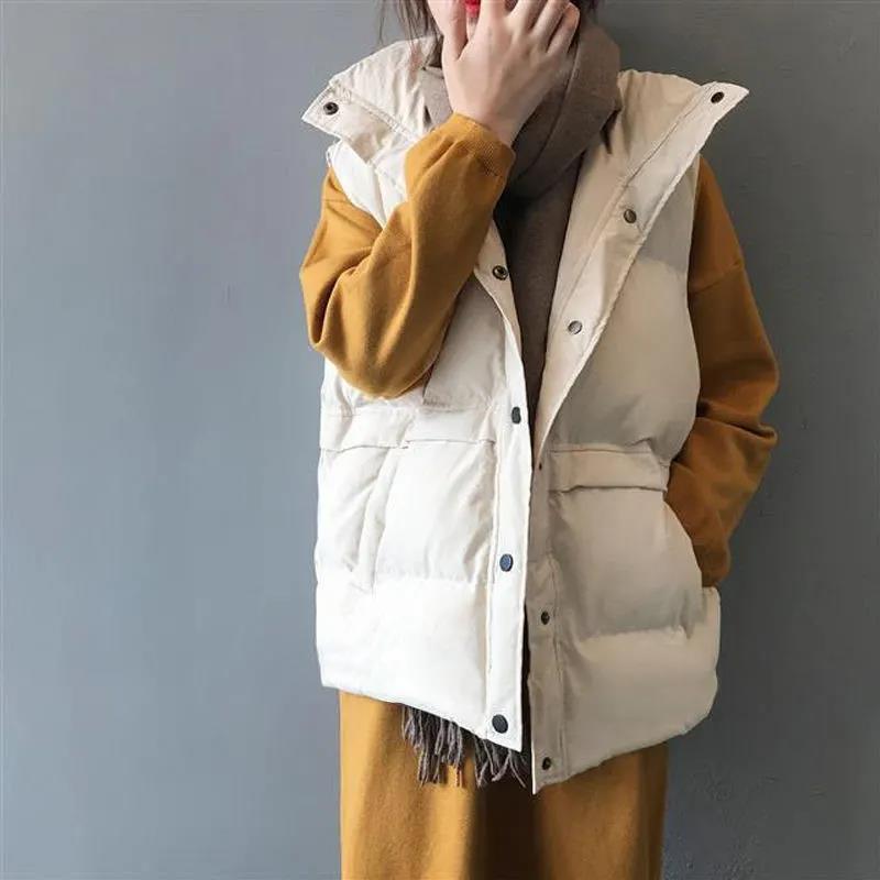 Winter Women Cotton Down Vest Warm Sleeveless Loose Waistcoat Casual Stand Collar Short Vest Female Padded Jacket Outerwear