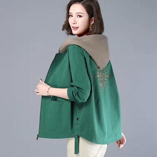 Women's Autumn Large Size Casual Hooded Coats Spring Solid Color Two-layer Loose Long Sleeve Jackets