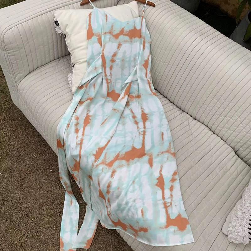 Female Vintage Tie Dyed Ink Satin Silk Suspender Beach Dress Slim Elegant High Waist Holiday Dress