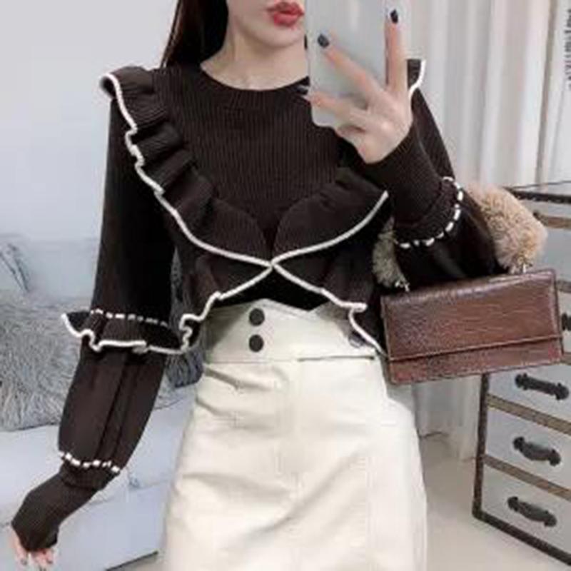 Autumn  Winter Sweater Women's Knit Sweater Round Neck Pullover Fashion Ruffled Wild Long-sleeved Bottoming Shirt