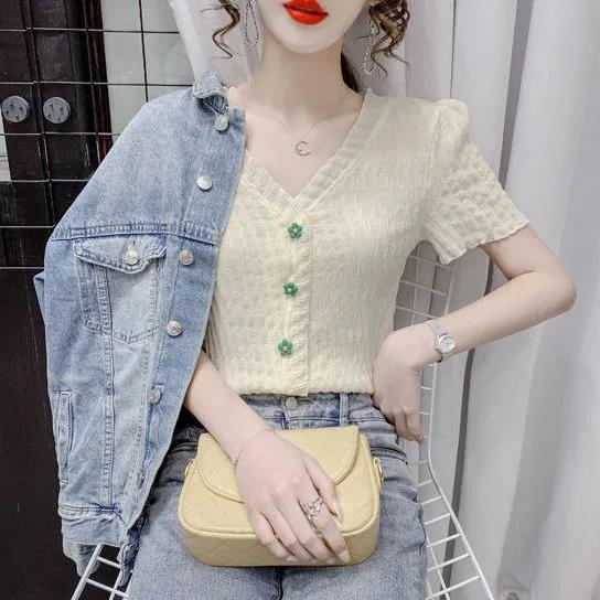 Deep-V Lace Jumper Summer Short Sleeve T-shirt Women Slim Shirt Retro French Casual Top