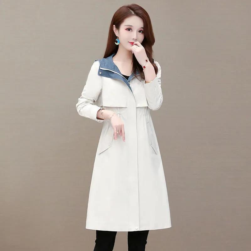 Women Boutique Slim Jacket Spring & Fall Hooded Coat Solid Color Casual Windbreaker Tight Waist Parka Long