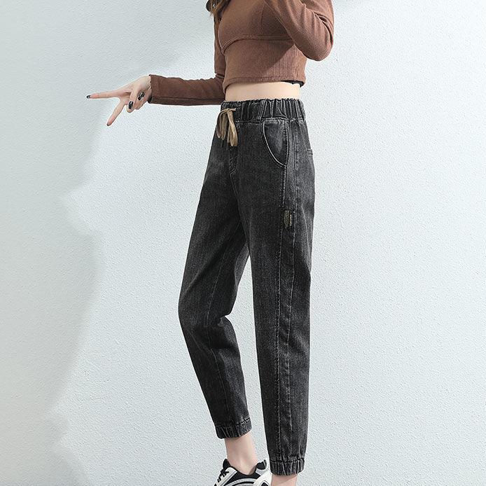 Women Spring and Autumn Large Size Streetwear Cropped Jeans Loose Solid Color High Waist Elastic Casual Jeans