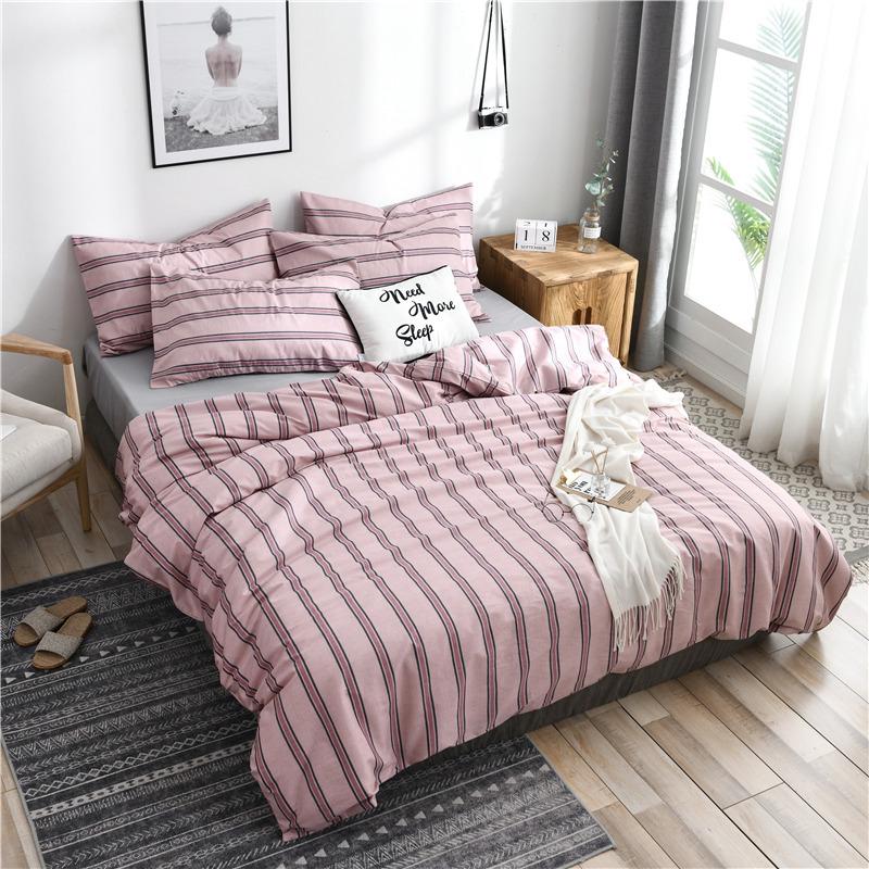 3/4 Pcs Bedding Set Simple Stripes Cotton Printed Bed Sheet Bed Cover Home Textile Bedclothes