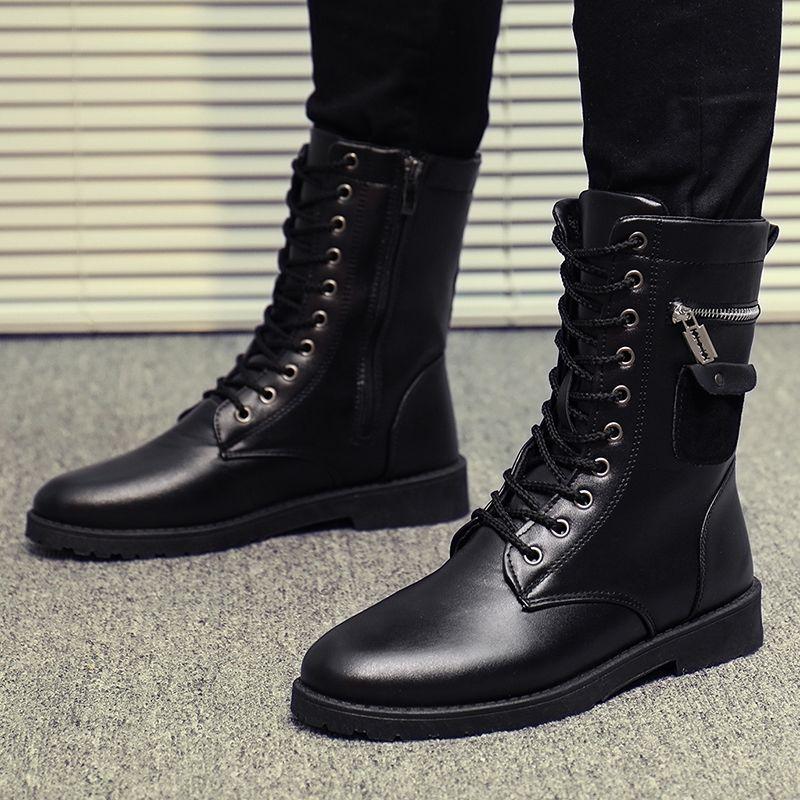 Autumn and Winter Martin Boots Men Plus Velvet Outdoor High-top Black Pu Leather Boots Vintage Work Boots