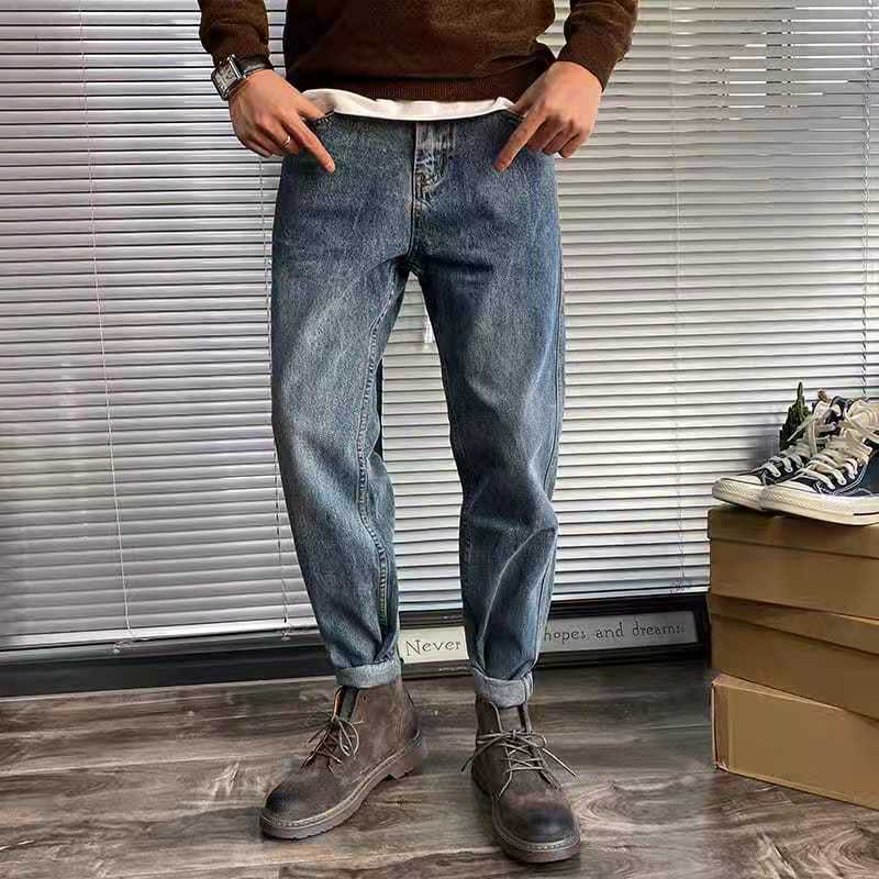 Spring and Autumn Retro Straight Leg Loose Jeans Men's Slim Stretch Stretch Feet Casual Pants