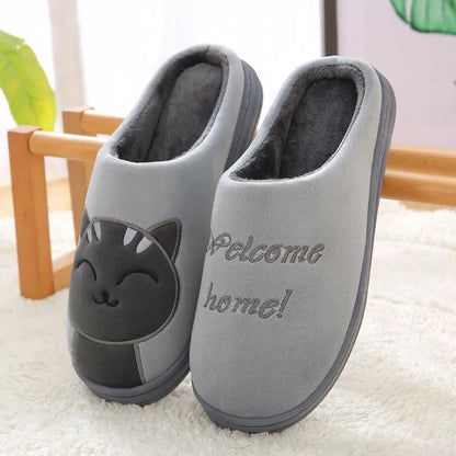 Women Winter Slippers Pin Cute Cat Thick Fleece Warm Home Couples Slippers Men Plus Size Slipper Non Slip Cotton Shoes