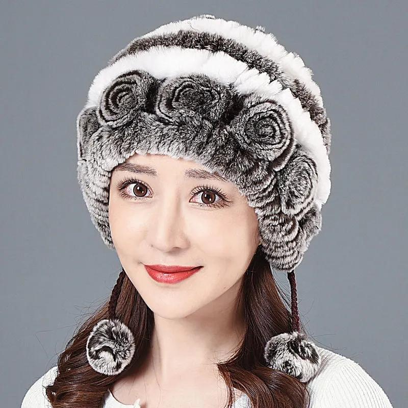 Women's Rex Rabbit Fur Hat Autumn and Winter Elegant Floral Warm Mother's Ear Cap Fur Hat Thick Bib Fur Hat All-match Ear Protection Hat