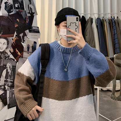 Autumn and Winter Round Neck Men's Sweater Student Loose Color Matching Jacket Long-sleeved Striped Bottoming Shirt