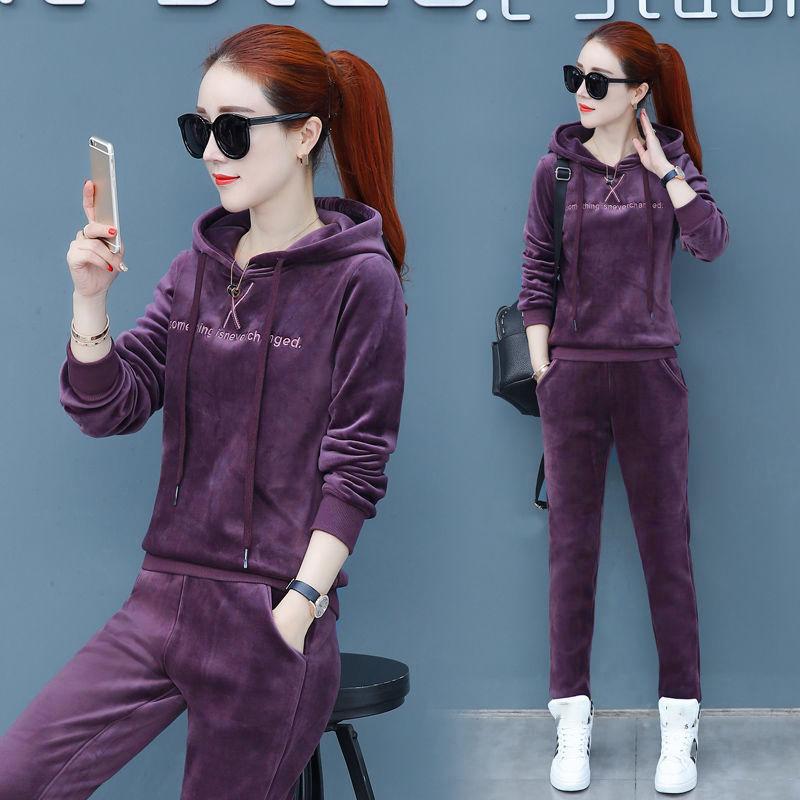 Sweatshirt Women's Casual Sports Suit Autumn and Winter Thickening Plus Fleece Two-piece Warm Hooded Sweater Two-piece Soft and Comfortable