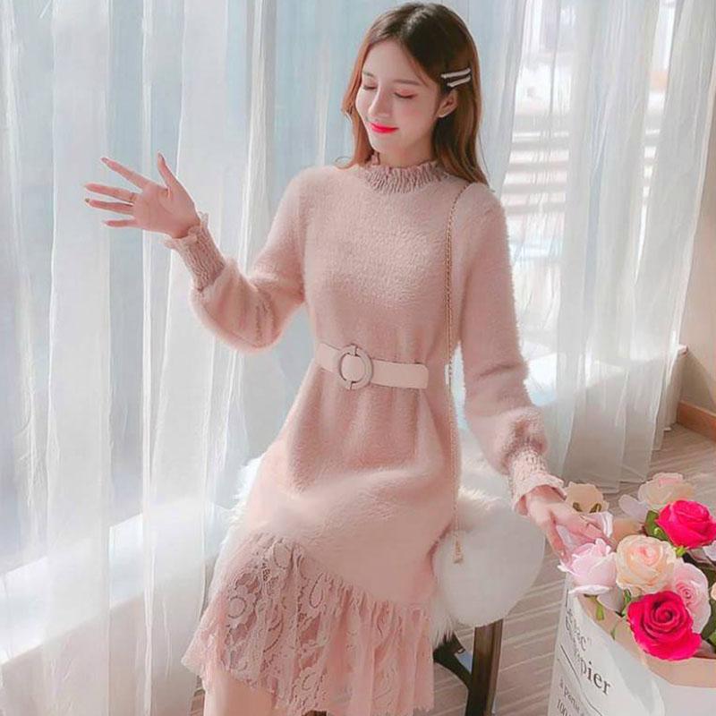 Autumn and Winter Half High Neck Dress Mid-length Lace Stitching Base Temperament Female Sweater Skirt