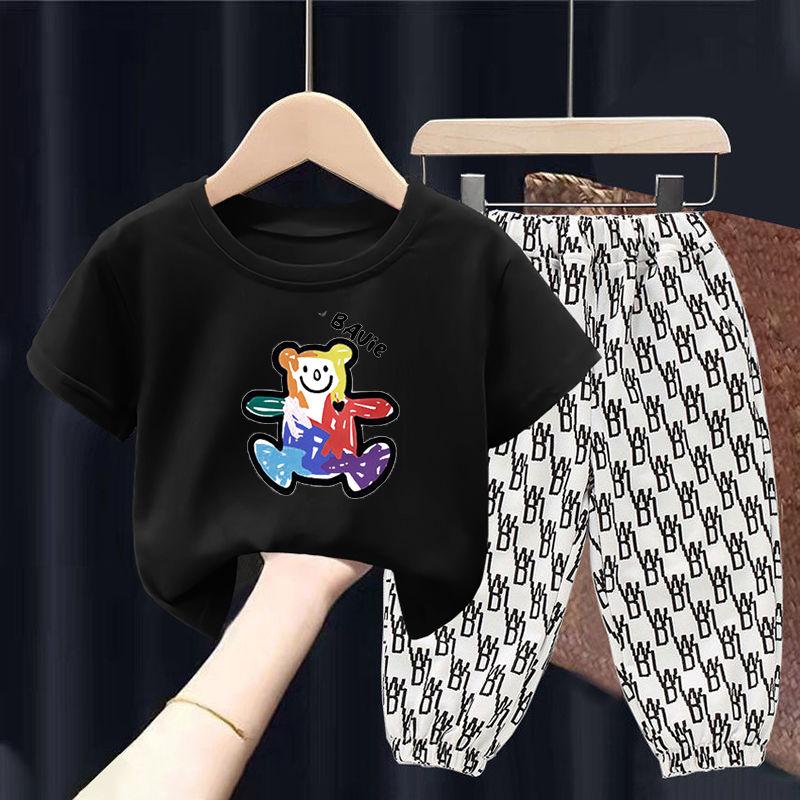 Summer Children's Short-sleeved Suit Boys T-shirts Girls Middle and Small Children Baby Cartoon Two-piece Graffiti Bear