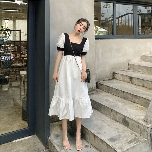 Women Summer Vintage Elegant Short Sleeve Square Neck Black White Patchwork Slim Long Pleated Dress