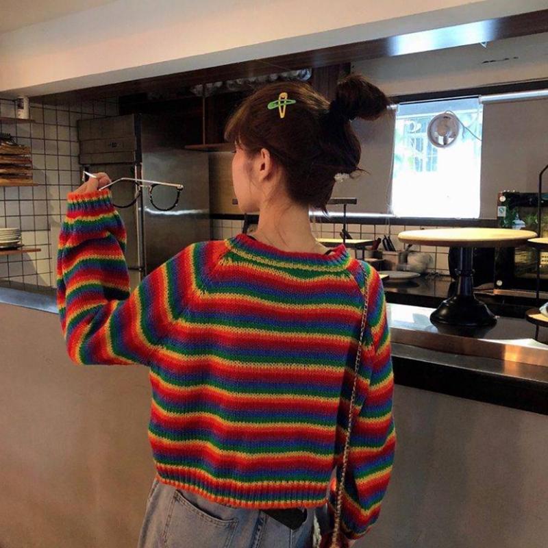 Women's Loose Lazy Student Sweater Women's Pullover Rainbow Striped Short Sweater