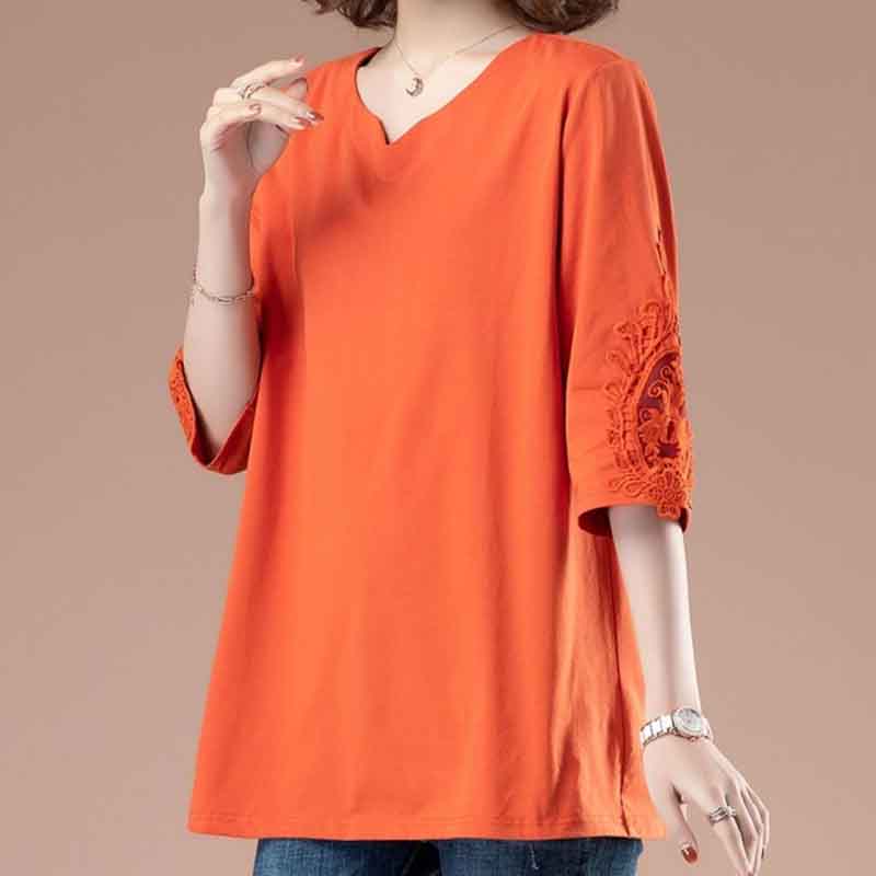 100% Cotton Large Size Three-quarter Sleeve T-shirt Women Loose Fashion Middle-aged Top