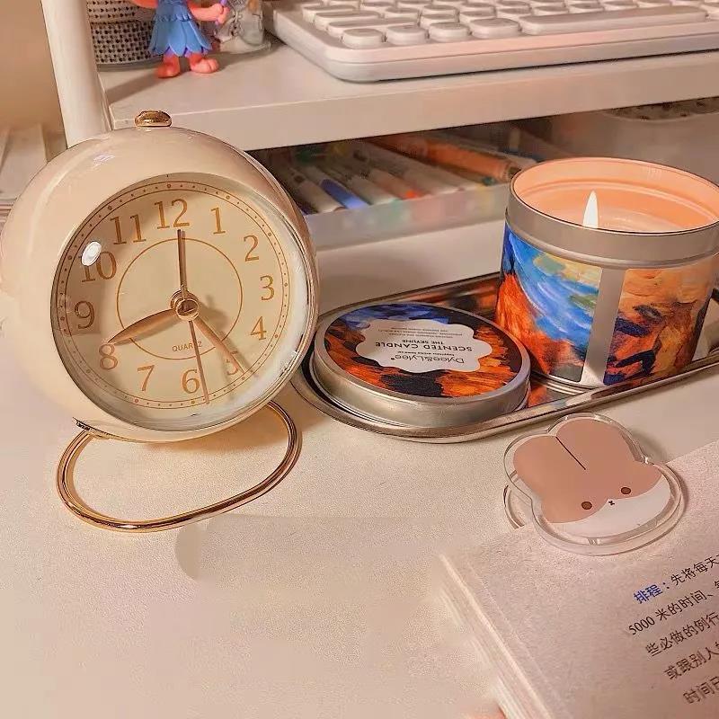 Cute Retro Minimalist Desktop Alarm Clock Nordic Round Bedside Table Clock Silent Night Light Alloy Clock