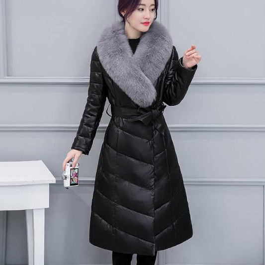 Winter PU Leather Female Imitation Fox Fur Collar Cotton Jacket In The Long Section Slim Padded Jacket Fashion Casual Women Leather Jacket