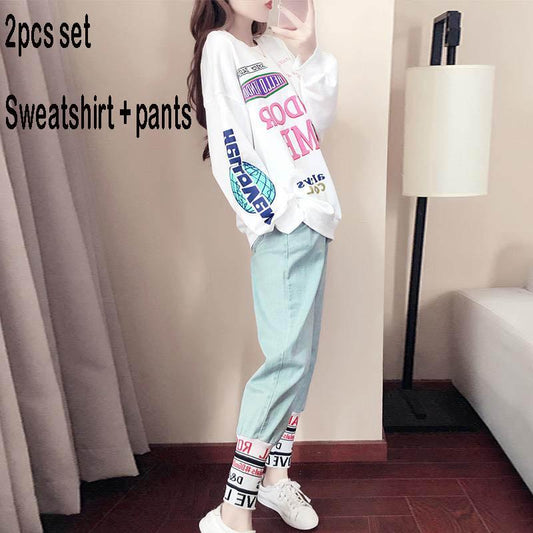 Spring and Autumn Women 2pcs set Wild Long Sleeve Casual Sweatshirt Set Large Size