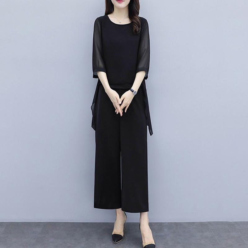 Loose Large Size Suit Covering Belly Slimming Two-piece Round Neck Shirt Loose Casual Wide-leg Pants Women Loose Slimming Chiffon Suit