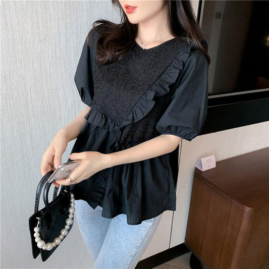 White Summer Short-sleeved Women's Design Sense Niche Fashion Casual Small Shirt Puff Sleeve Chiffon Top