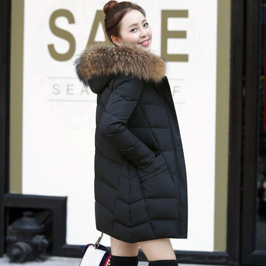 Autumn and Winter Fashion Temperament Women's Coat Big Fur Collar Down Padded Coat Slim Slim Thin Cotton Coat Mid-length