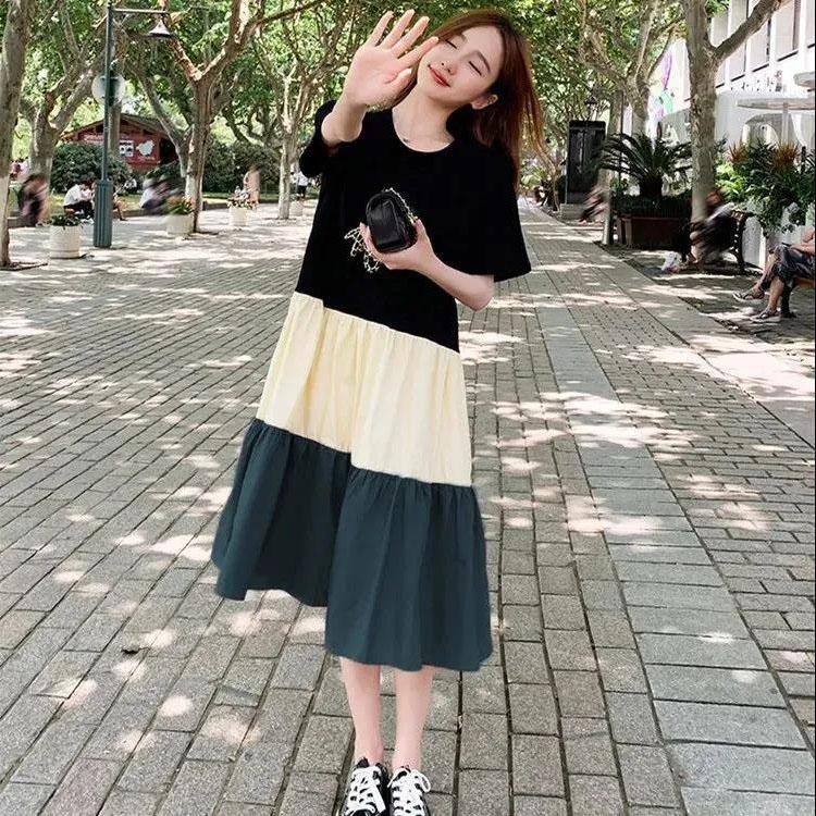 Women Vintage High Waist Large Size Holiday Dress Elegant Slim Pleated Splicing Casual Dress