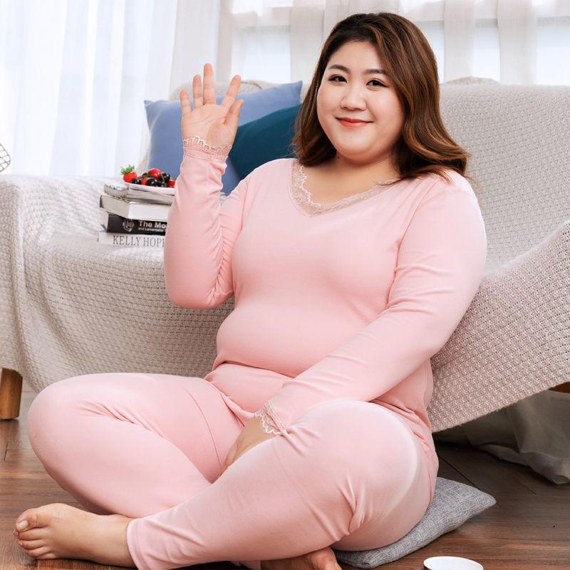 Fat Sister Thermal Underwear Female Plus Fat Plus Size Thin Lace Base Autumn Clothes Long Pants Suit